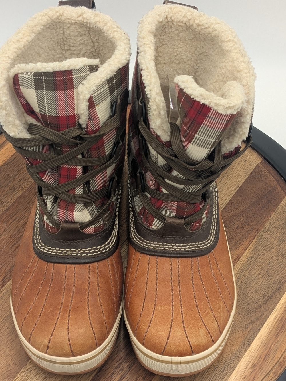 SOREL Waterproof Plaid Duck Boots Brown Red Faux Fur Women’s 9